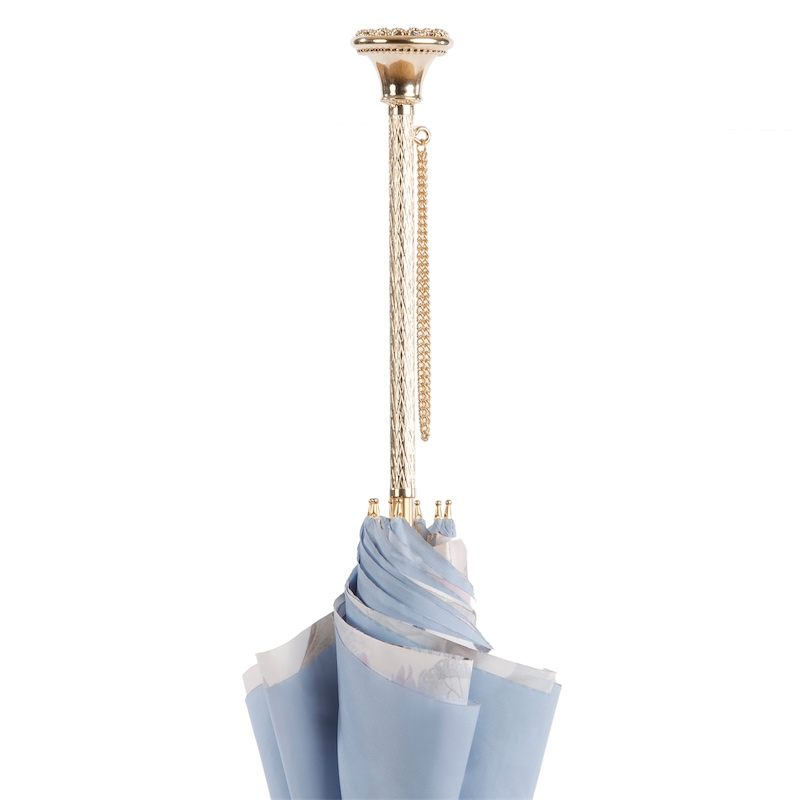Double Cloth Umbrella - Light Blue Butterfly Pattern, Jeweled Brass Handle, Italian Handmade