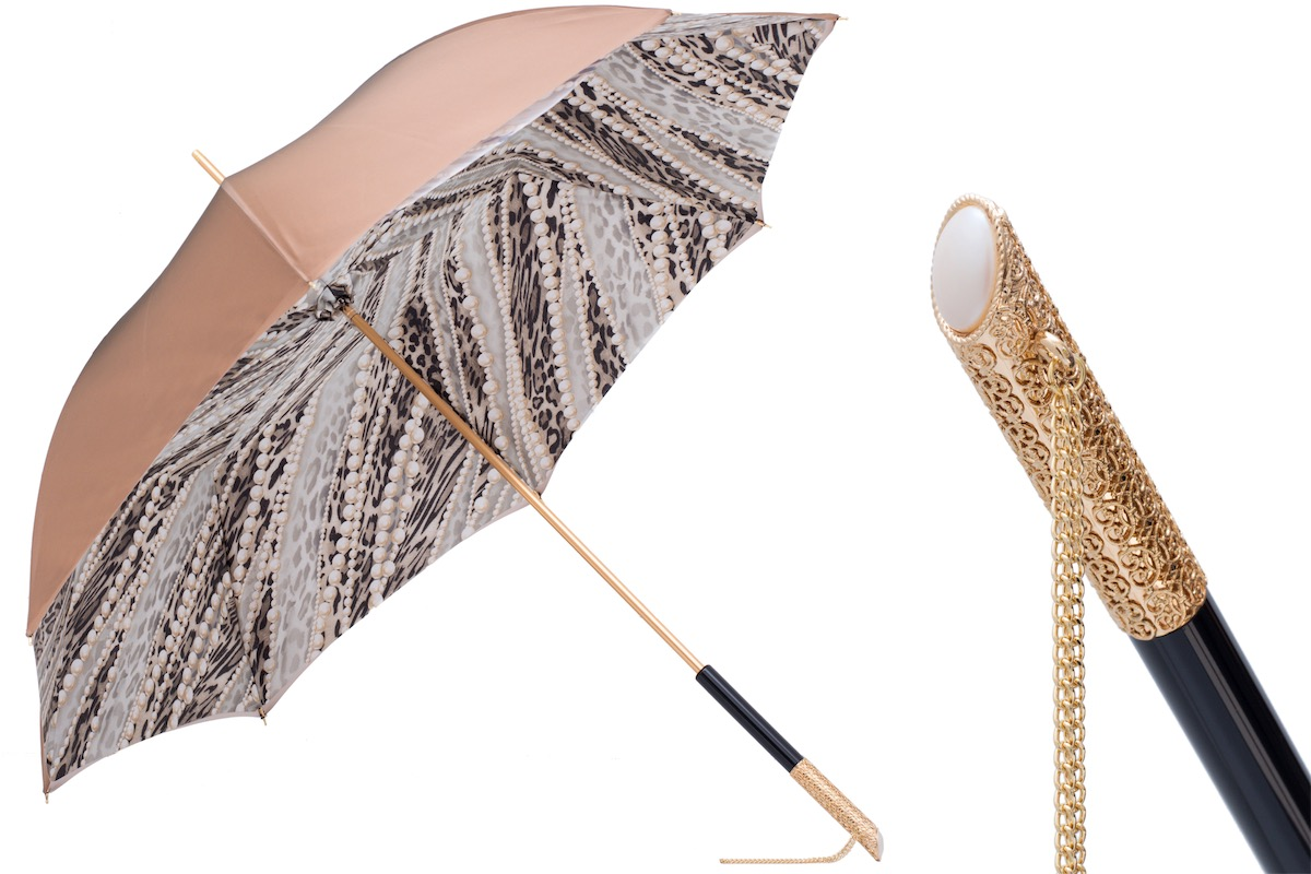 Light Gold Pearls Umbrella – Handmade Italian Double Cloth Canopy With Jeweled Handle