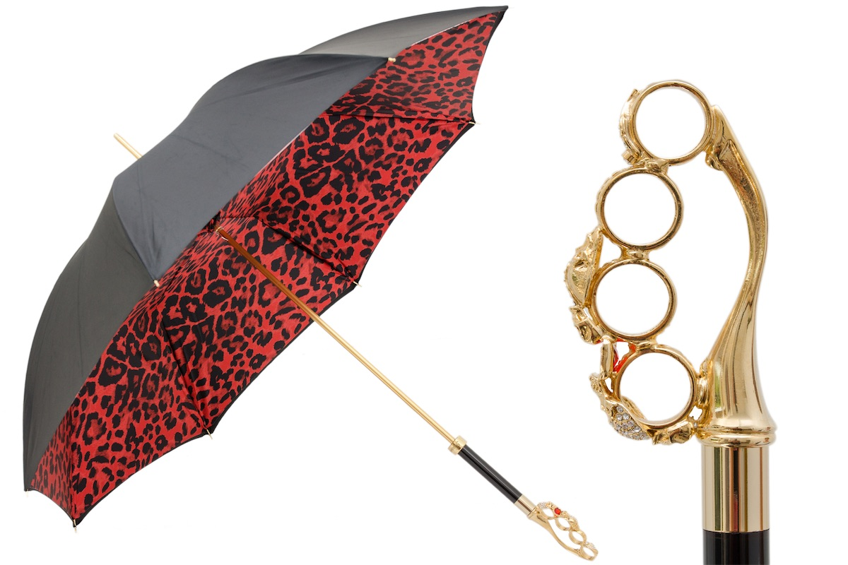 Knuckleduster Umbrella – Red Animal Print Canopy with Swarovski Crystal Handle