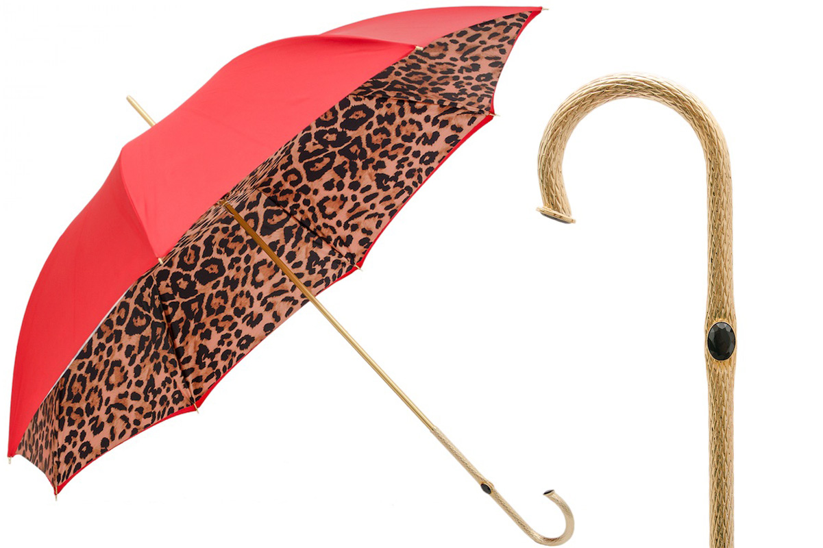 Red Leopard Print Umbrella - Double Cloth Brass Handle Italian Rain Gear