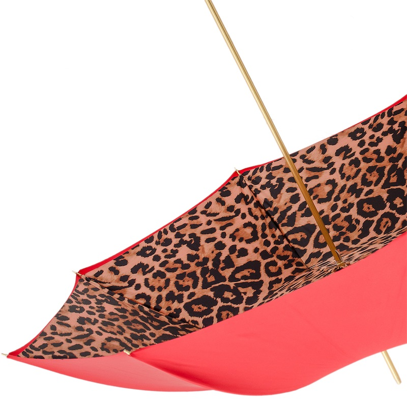 Red Leopard Print Umbrella - Double Cloth Brass Handle Italian Rain Gear