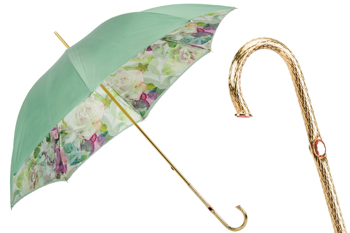 Green Pink Roses Umbrella – Double Cloth Canopy, Manual Open, Jeweled Brass Handle
