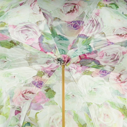 Green Pink Roses Umbrella – Double Cloth Canopy, Manual Open, Jeweled Brass Handle