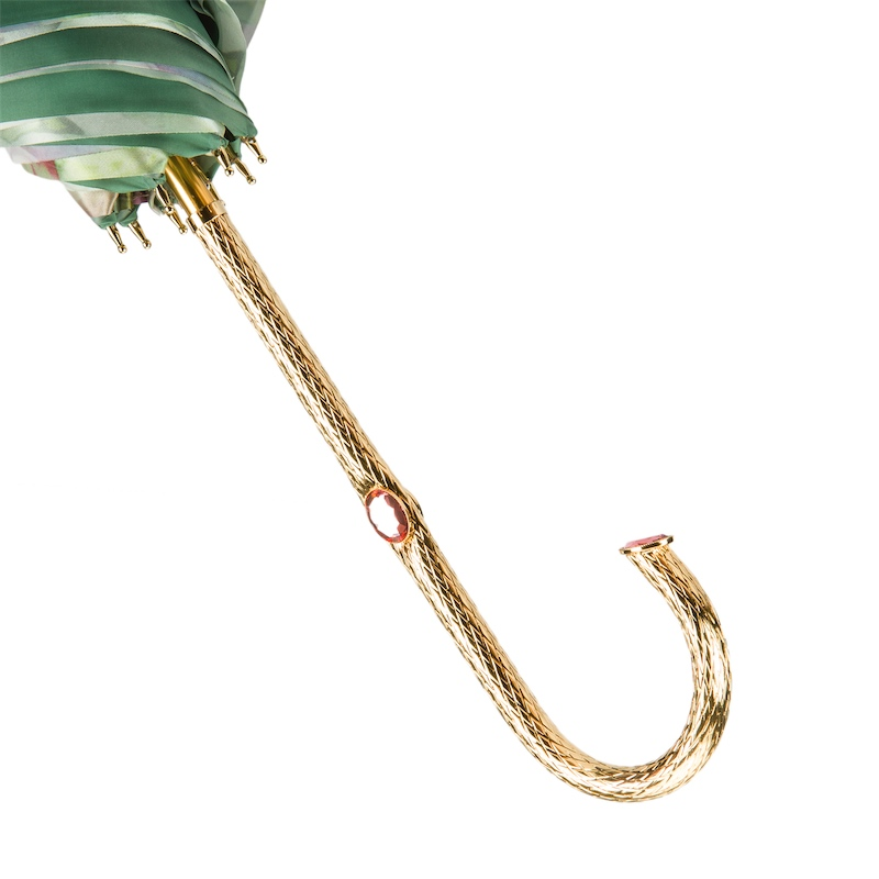 Green Pink Roses Umbrella – Double Cloth Canopy, Manual Open, Jeweled Brass Handle