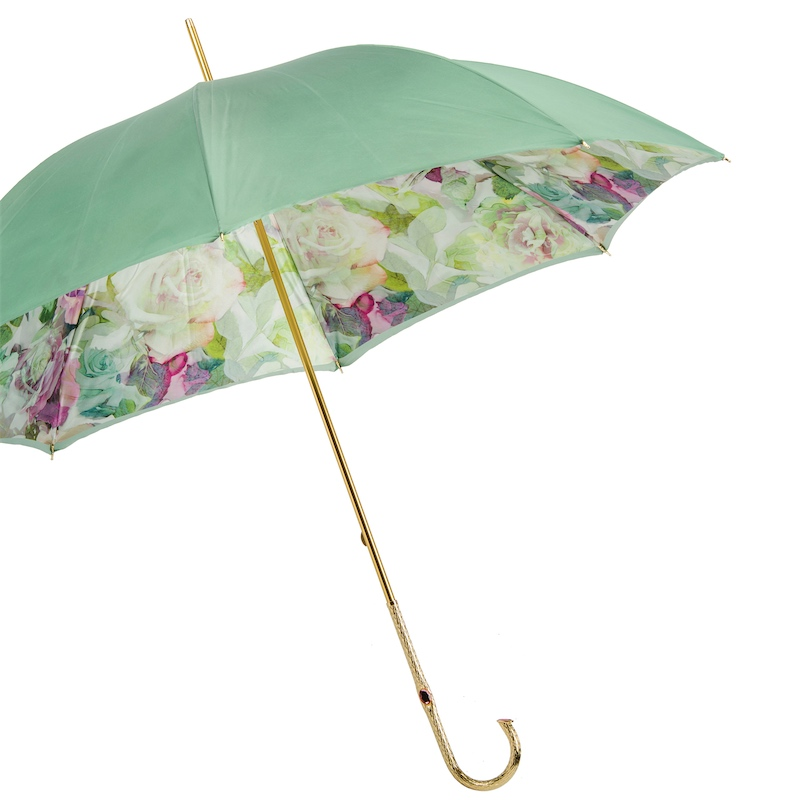 Green Pink Roses Umbrella – Double Cloth Canopy, Manual Open, Jeweled Brass Handle