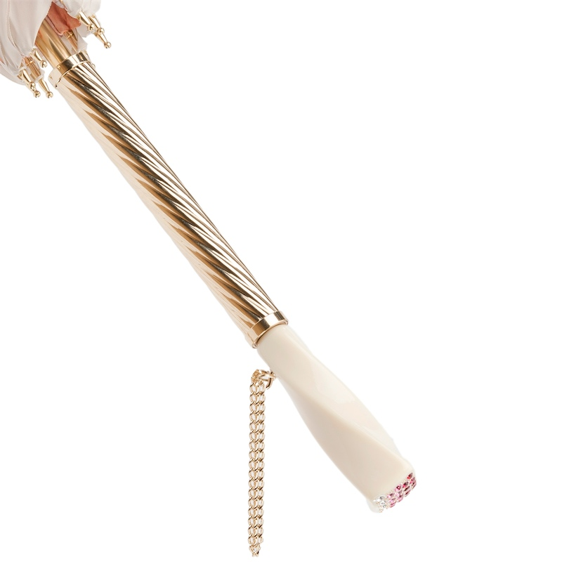 Flowered Umbrella – Handmade Italian Ivory Pink Floral Rain Umbrella with Swarovski Crystal Handle