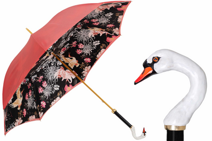 Handcrafted Swan Umbrella - Designer Double Cloth Rain Umbrella With Enameled Brass Handle