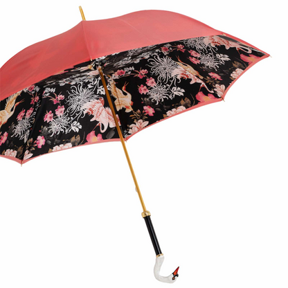 Handcrafted Swan Umbrella - Designer Double Cloth Rain Umbrella With Enameled Brass Handle