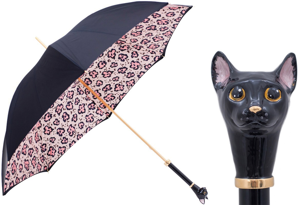 Black Cat Umbrella – Handmade Italian Animal Print Rain Umbrella with Enameled Brass Handle