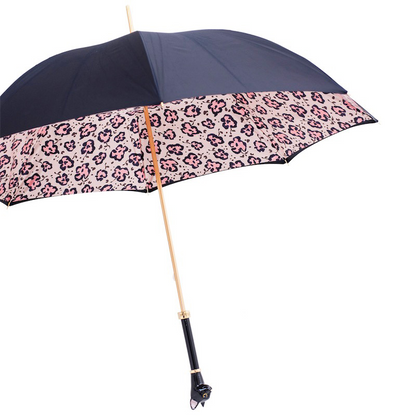 Black Cat Umbrella – Handmade Italian Animal Print Rain Umbrella with Enameled Brass Handle