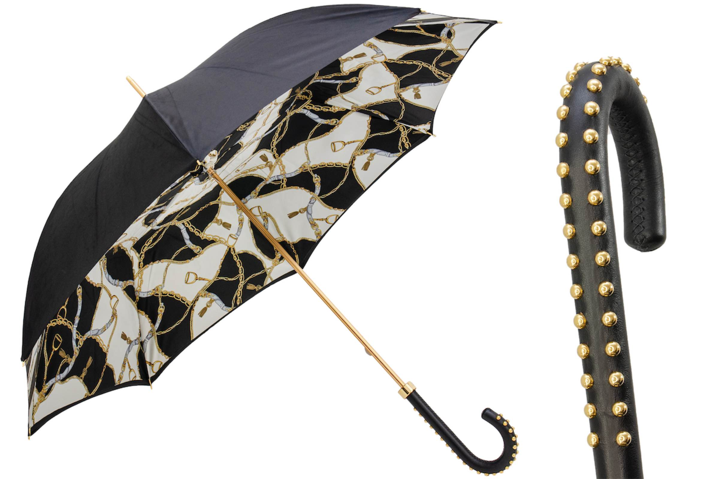 Black Double Cloth Umbrella – Handmade Italian Rain Umbrella with Leather Handle