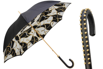 Black Double Cloth Umbrella – Handmade Italian Rain Umbrella with Leather Handle