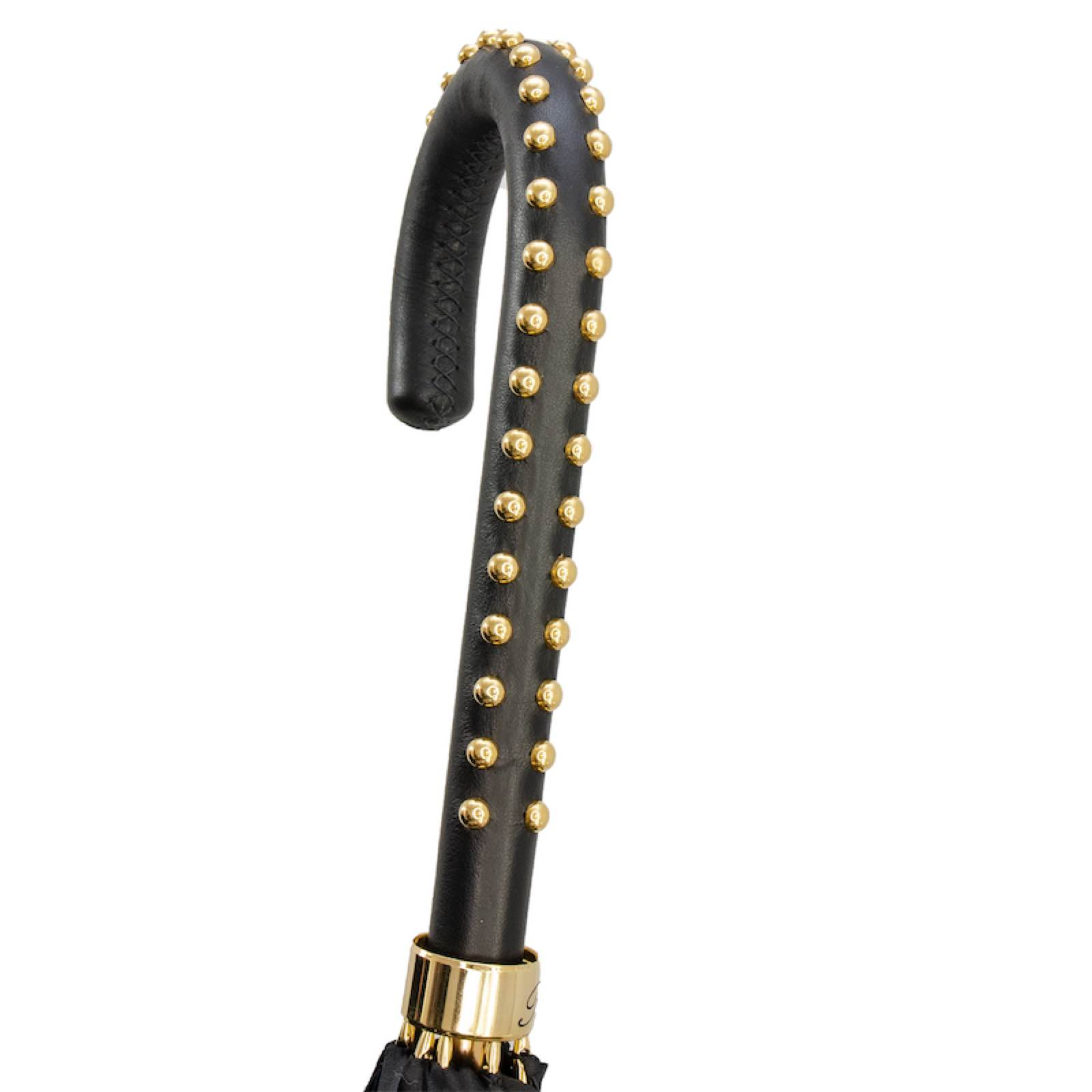 Black Double Cloth Umbrella – Handmade Italian Rain Umbrella with Leather Handle