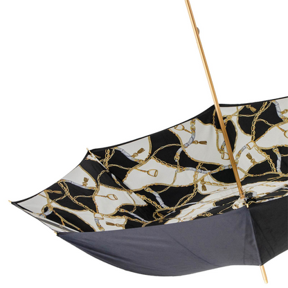 Black Double Cloth Umbrella – Handmade Italian Rain Umbrella with Leather Handle