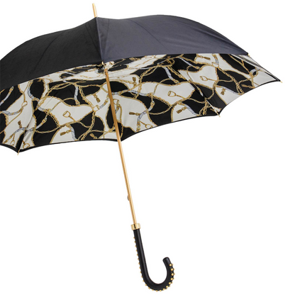 Black Double Cloth Umbrella – Handmade Italian Rain Umbrella with Leather Handle