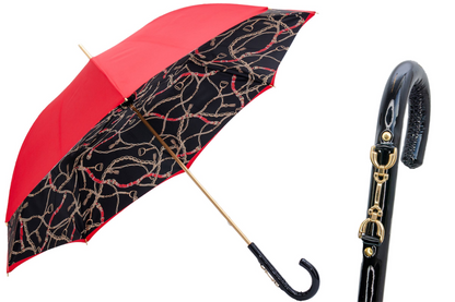 Red Umbrella - Handmade Italian Bridles Print With Leather Stirrup Handle