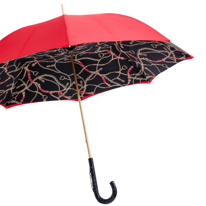 Red Umbrella - Handmade Italian Bridles Print With Leather Stirrup Handle