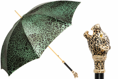 Green Leopard Umbrella - Italian Handmade Rain Umbrella with Panther Handle