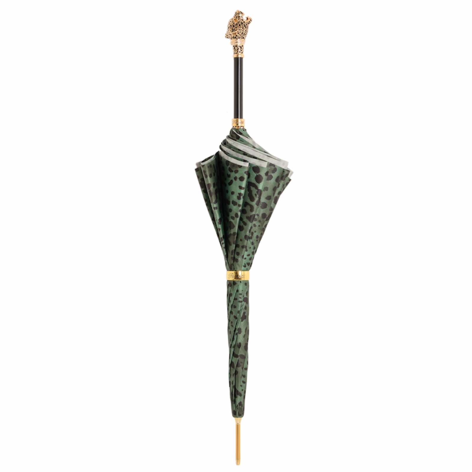 Green Leopard Umbrella - Italian Handmade Rain Umbrella with Panther Handle