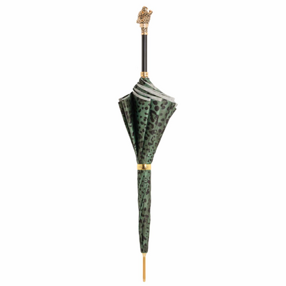 Green Leopard Umbrella - Italian Handmade Rain Umbrella with Panther Handle