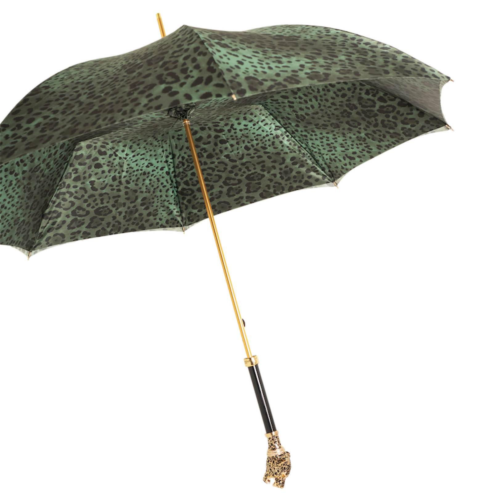 Green Leopard Umbrella - Italian Handmade Rain Umbrella with Panther Handle