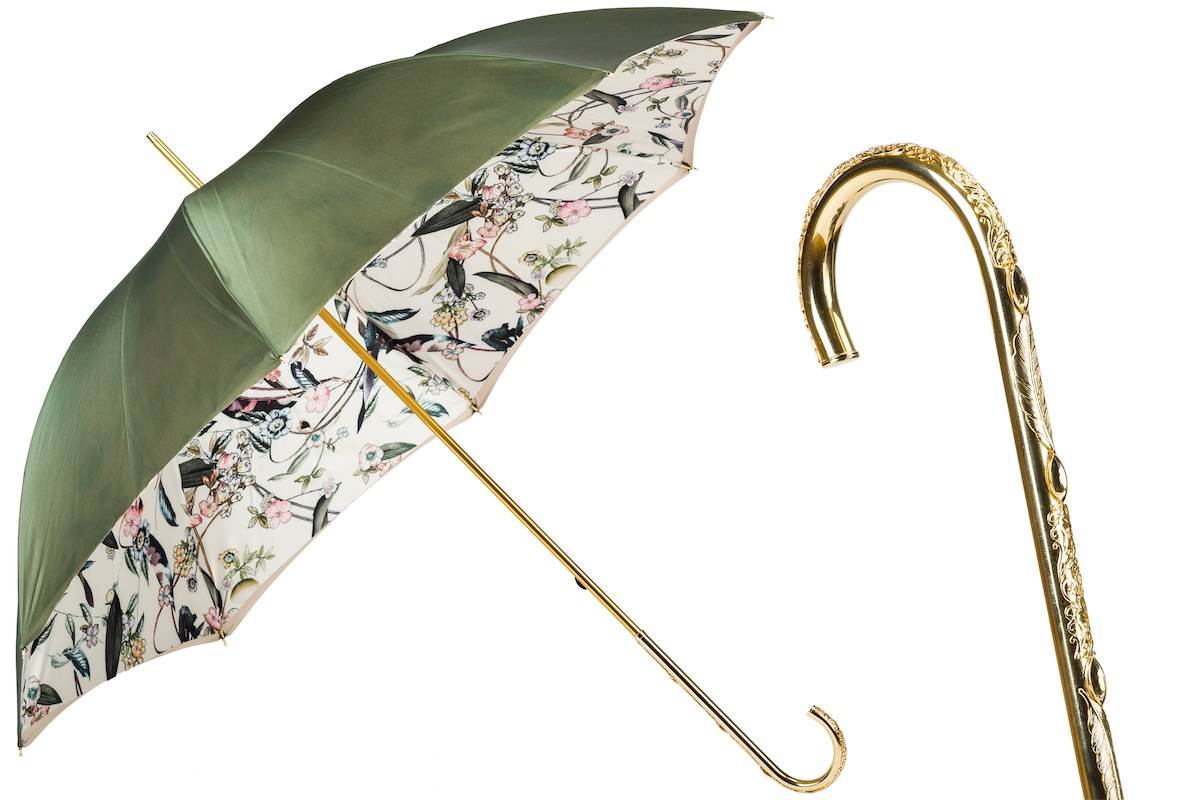 Olive Green Umbrella – Handmade Italian Double Cloth With Jeweled Brass Handle