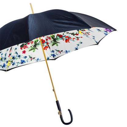 Navy Floral Umbrella – Double Cloth Handmade Italian Rain Protection with Acetate Handle