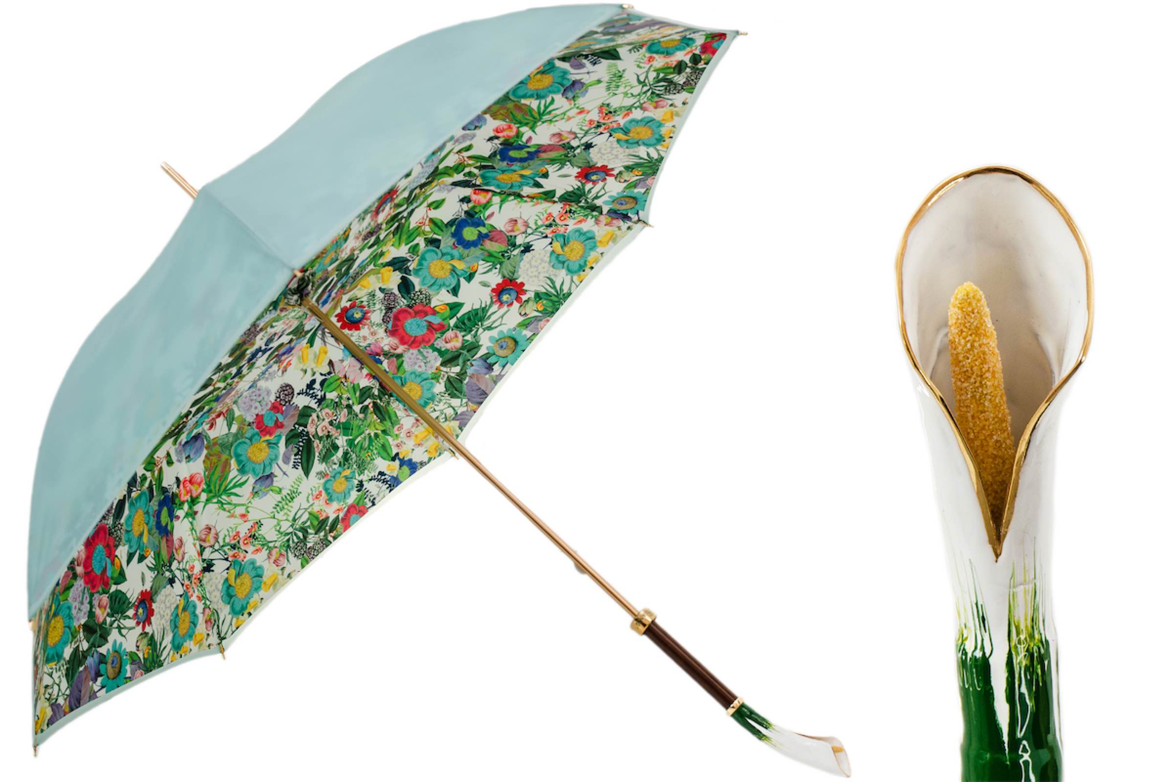 Luxury Umbrella – Handmade Italian Calla Flower Design with Enameled Brass Handle