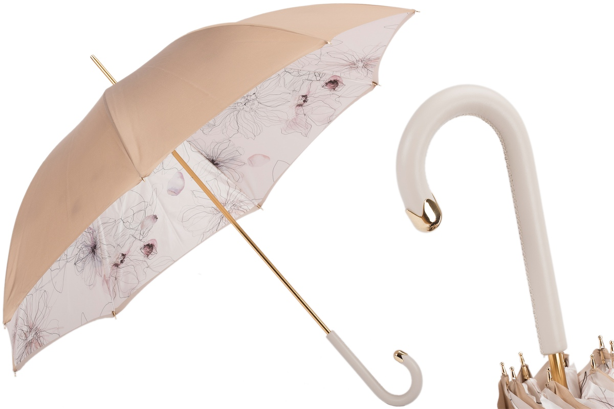Ivory Double Cloth Umbrella – Manual Opening, Handmade Italian Luxury Leather Handle