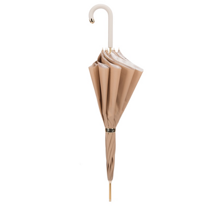 Ivory Double Cloth Umbrella – Manual Opening, Handmade Italian Luxury Leather Handle