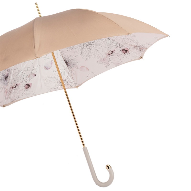 Ivory Double Cloth Umbrella – Manual Opening, Handmade Italian Luxury Leather Handle
