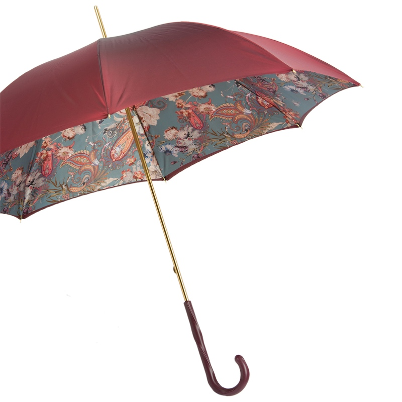 Classic Burgundy Umbrella – Handmade Italian Leather Handle, Manual Open Rain Protection