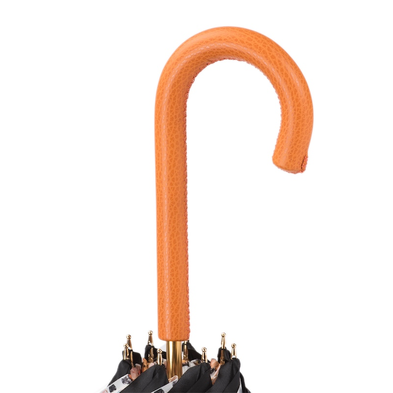 Butterfly Print Umbrella – Manual Opening, Orange Leather Handle, Stylish Rain Protection