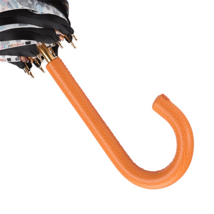 Butterfly Print Umbrella – Manual Opening, Orange Leather Handle, Stylish Rain Protection