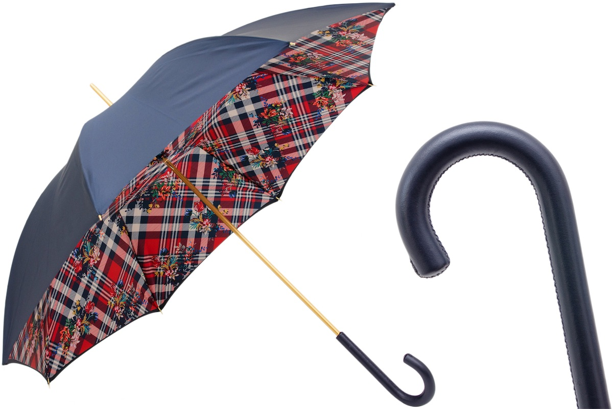 Classic Navy Umbrella - Handmade Italian Leather Handle, Striped Floral Design