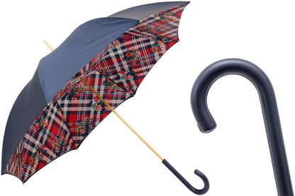 Classic Navy Umbrella - Handmade Italian Leather Handle, Striped Floral Design