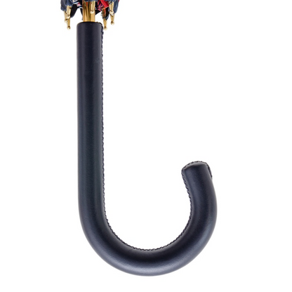 Classic Navy Umbrella - Handmade Italian Leather Handle, Striped Floral Design