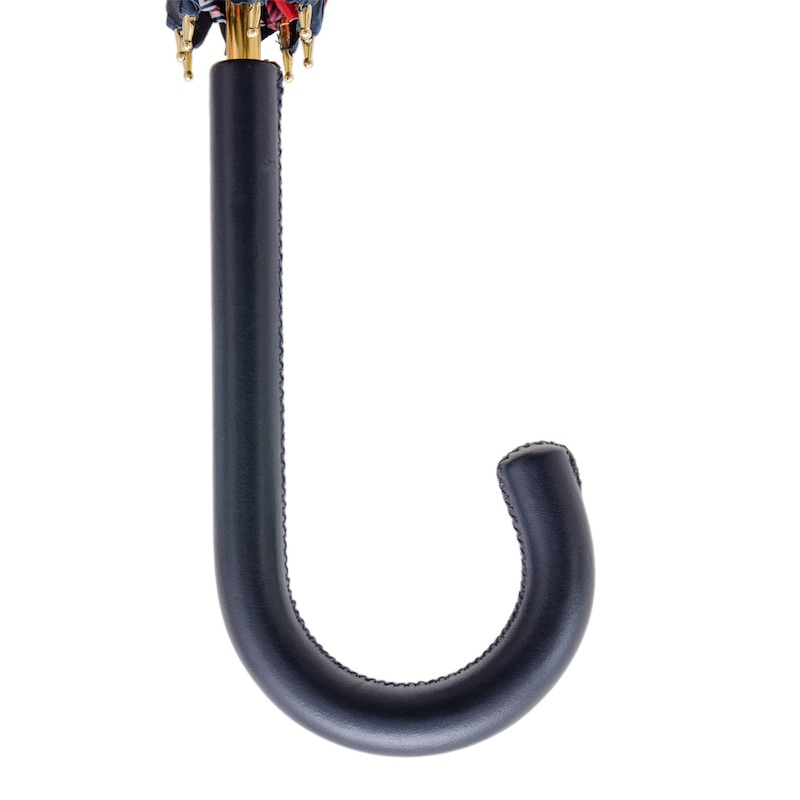 Classic Navy Umbrella - Handmade Italian Leather Handle, Striped Floral Design