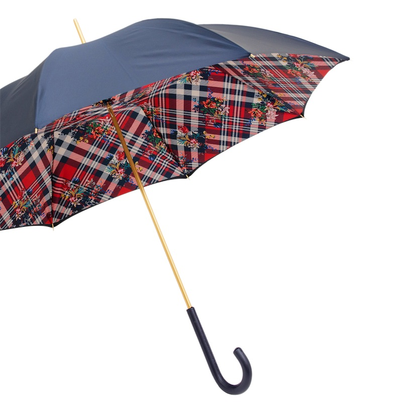 Classic Navy Umbrella - Handmade Italian Leather Handle, Striped Floral Design