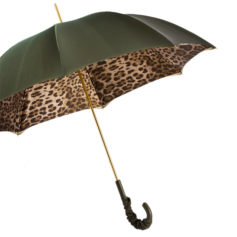 Leopard Print Umbrella – Olive Green Handmade Italian Umbrella with Ruched Leather Handle