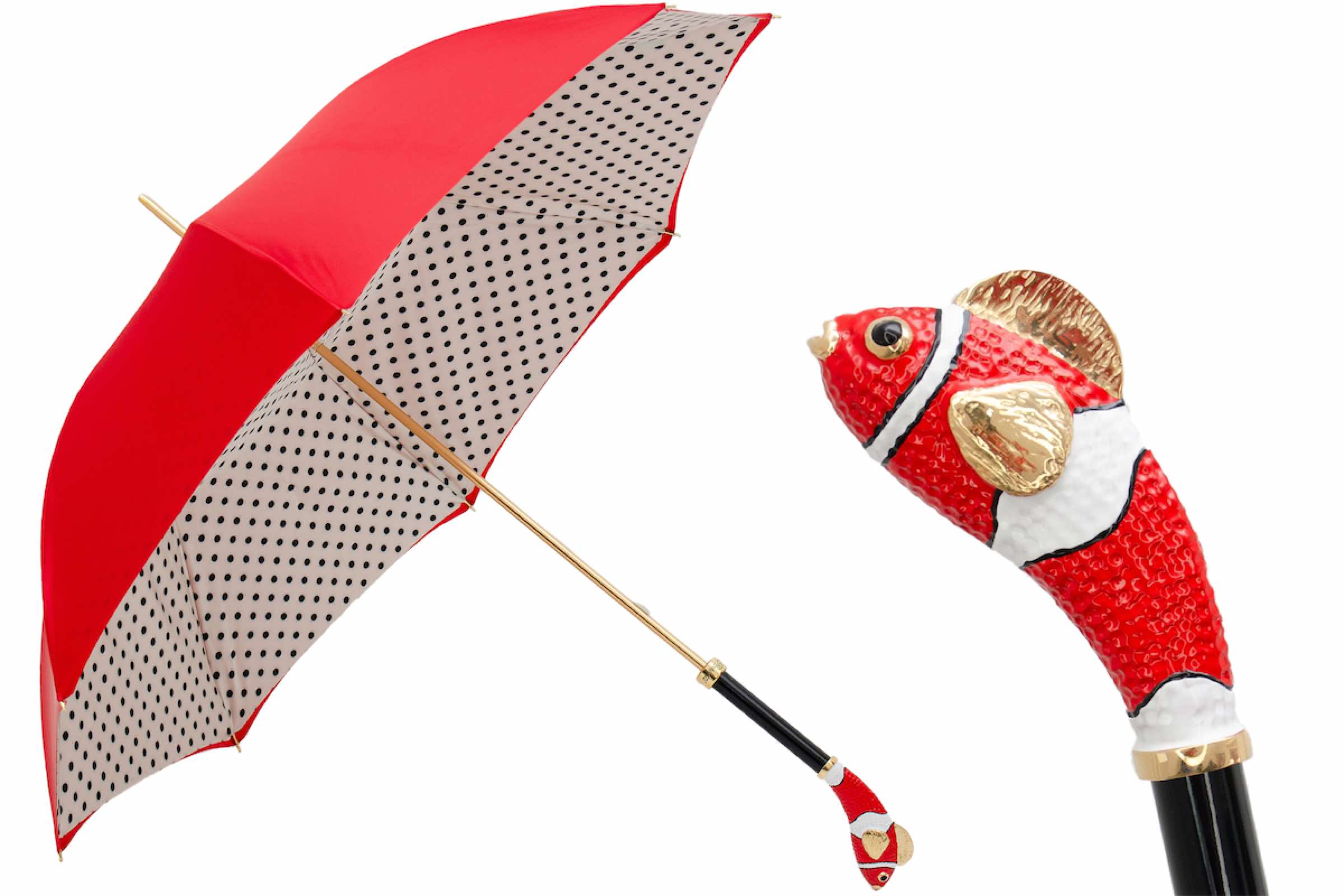 Double Cloth Umbrella – Red Fish Pattern, Enameled Brass Handle, Italian Handmade Rain Gear