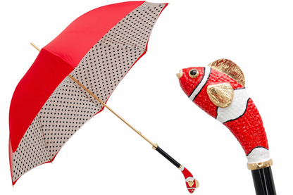 Double Cloth Umbrella – Red Fish Pattern, Enameled Brass Handle, Italian Handmade Rain Gear