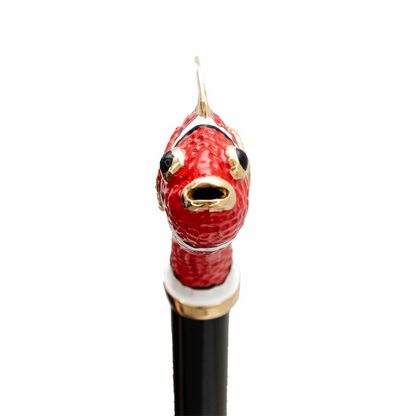 Double Cloth Umbrella – Red Fish Pattern, Enameled Brass Handle, Italian Handmade Rain Gear