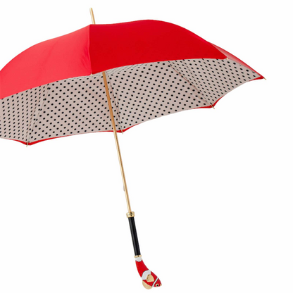 Double Cloth Umbrella – Red Fish Pattern, Enameled Brass Handle, Italian Handmade Rain Gear