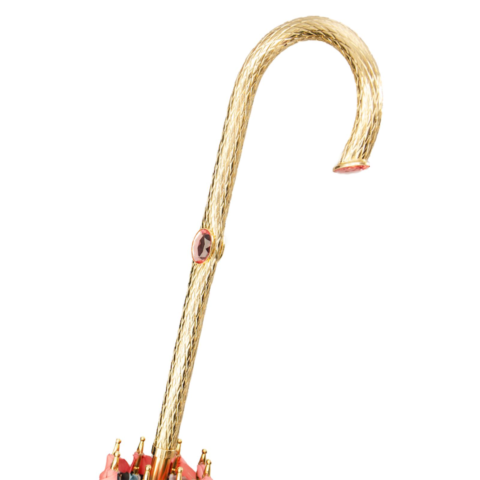 Pink Floral Umbrella – Handmade Italian Ladies Rain Umbrella with Jeweled Brass Handle