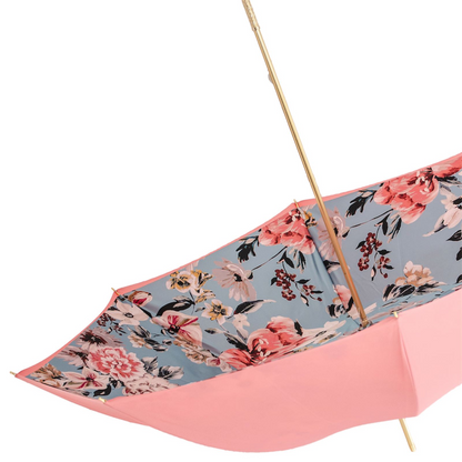 Pink Floral Umbrella – Handmade Italian Ladies Rain Umbrella with Jeweled Brass Handle