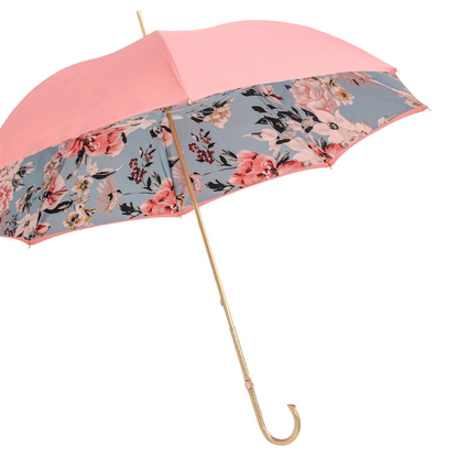 Pink Floral Umbrella – Handmade Italian Ladies Rain Umbrella with Jeweled Brass Handle
