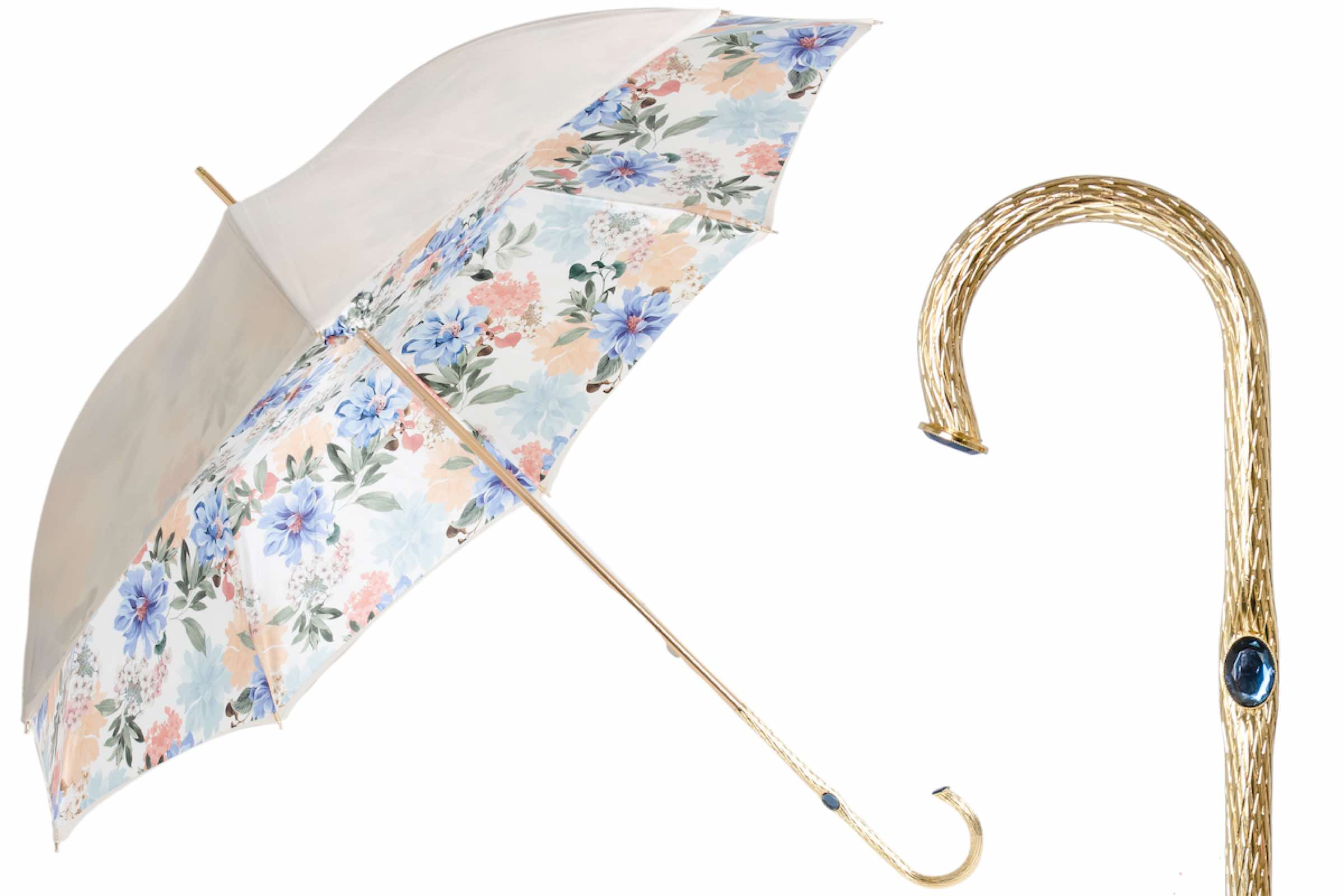 Ivory Floral Umbrella – Brass Handle Manual Open | Italian Handmade Rain Gear
