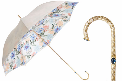Ivory Floral Umbrella – Brass Handle Manual Open | Italian Handmade Rain Gear