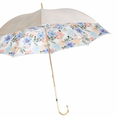 Ivory Floral Umbrella – Brass Handle Manual Open | Italian Handmade Rain Gear